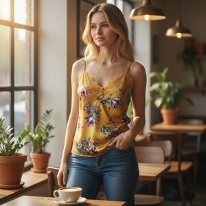 NWT Abercrombie & Fitch Women Tank Cami Yellow Floral Lace Trim Top Size Small